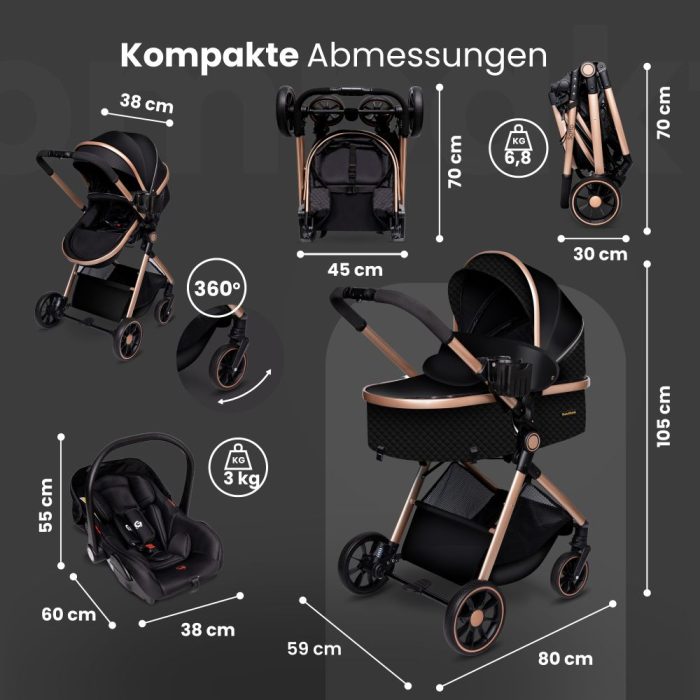 Carucior copii 3 in 1 multifunctional Soho S1 – Black Gold GagaDumi