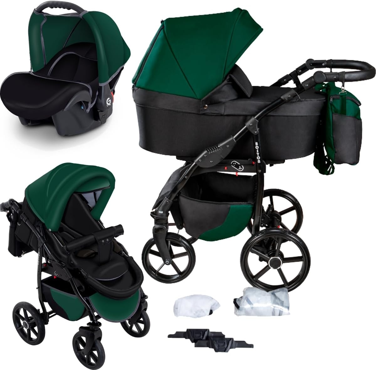 Carucior copii 3 in 1 Boston Bottle Green cu scoica Cosmo Avionaut testata ADAC