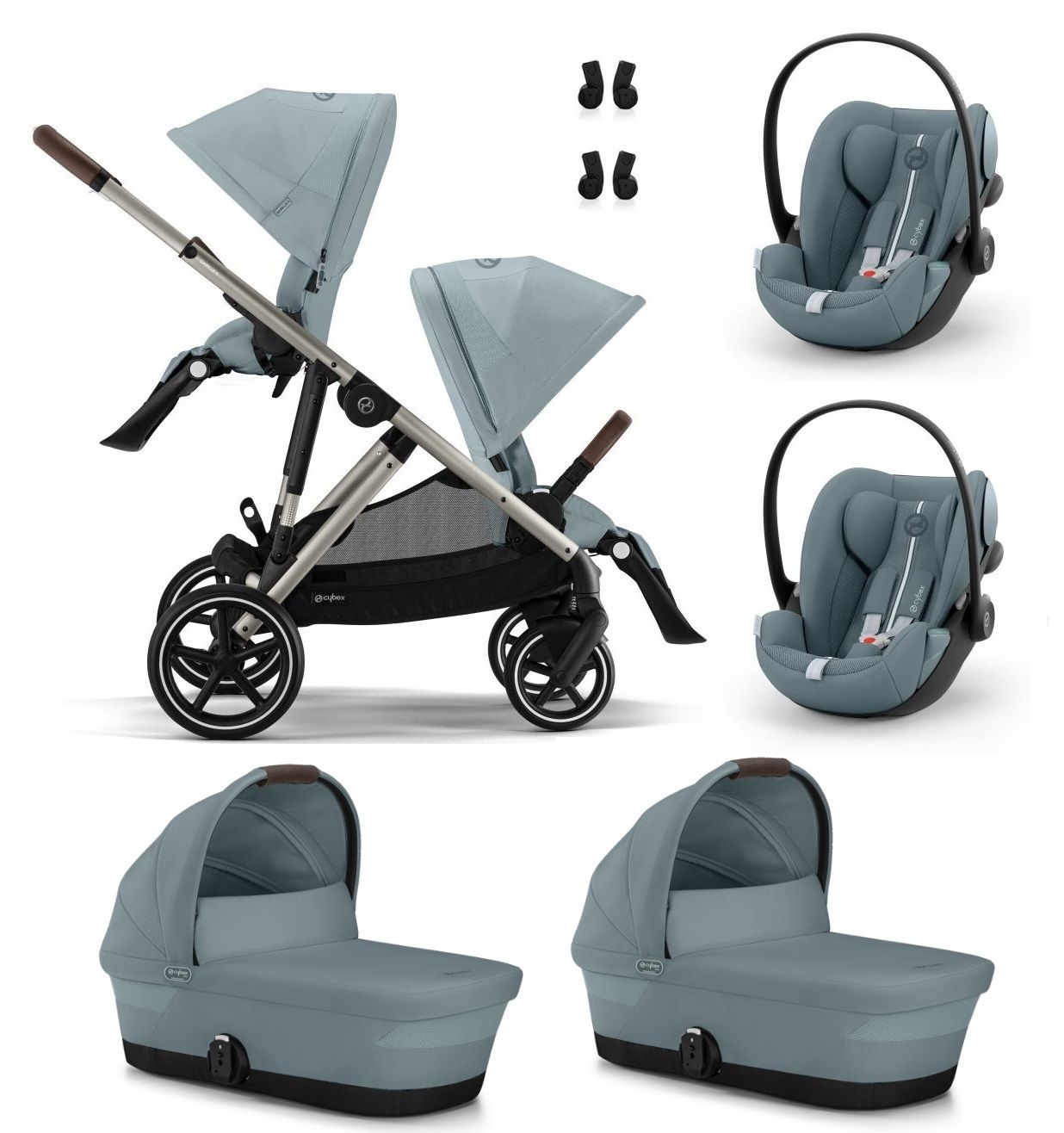 Noul Cybex Gazelle S Sky Blue 3 in 1 Gemeni cu landouri si scoici Cybex Cloud G Plus i-size recline testate ADAC