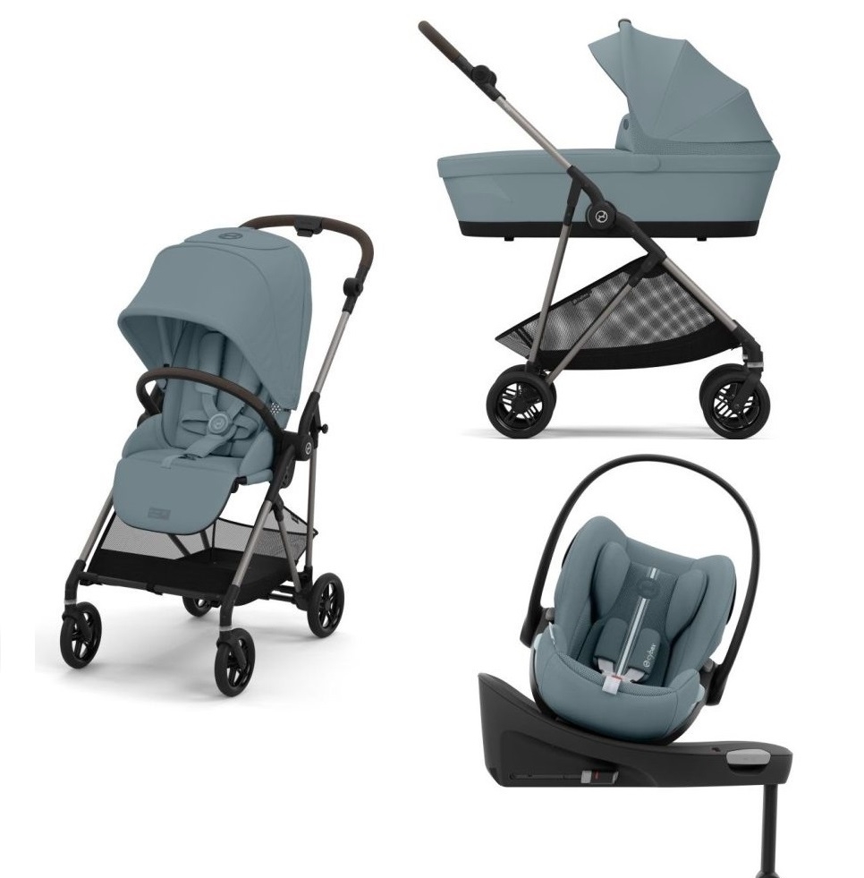 Noul Cybex Melio Stormy Blue 4 in 1 cu Scoica Cloud G Plus i-Size Recline si baza isofix rotativa