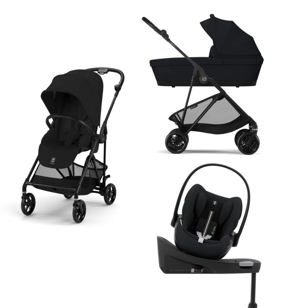 Noul Cybex Melio Carbon 2025 Magic Black 4 in 1 cu Scoica Cloud G Plus i-Size Recline si baza isofix rotativa