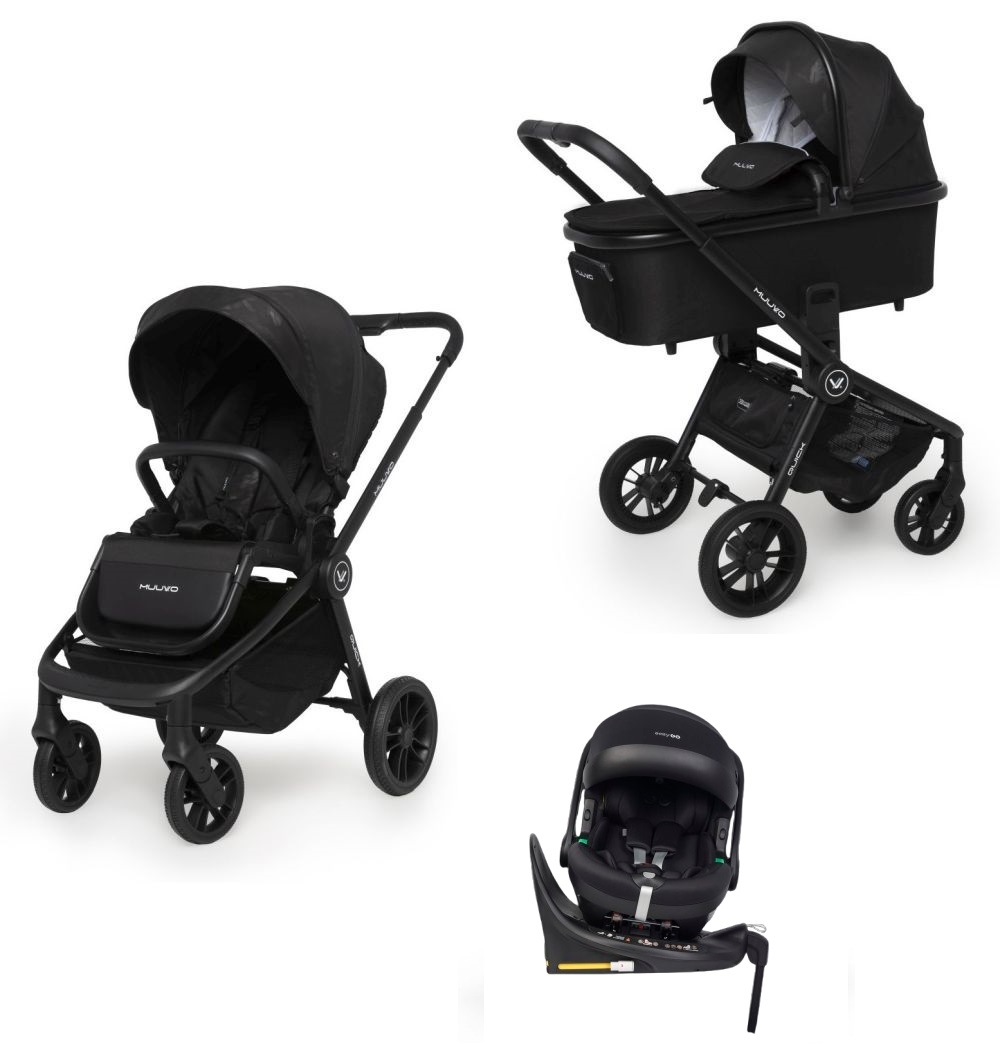 Carucior copii 4 in 1 Muuvo Quick Raven Black cu scoica EasyGo Buz Pro si baza isofix rotativa